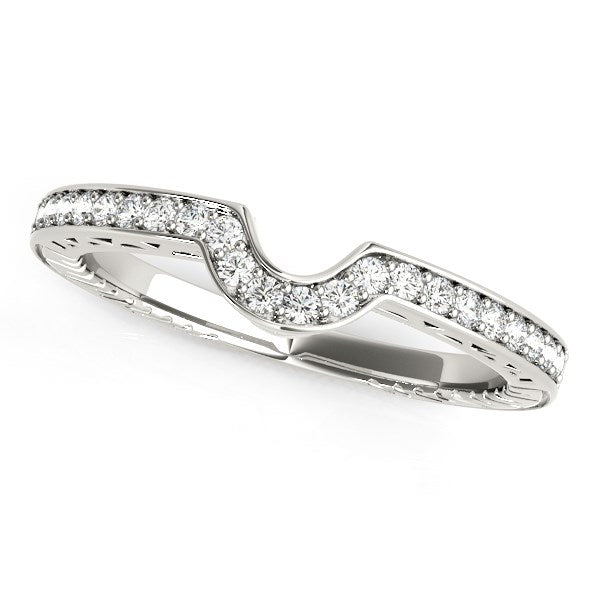 14k white gold curved wedding band with prong-set round diamonds.