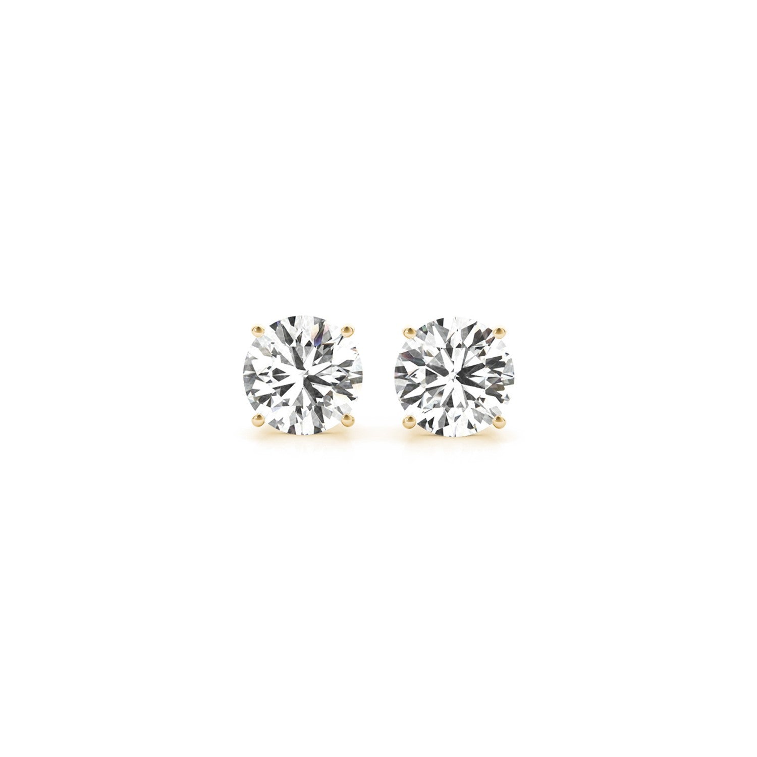 Two round lab-grown diamond stud earrings in 14k yellow gold.