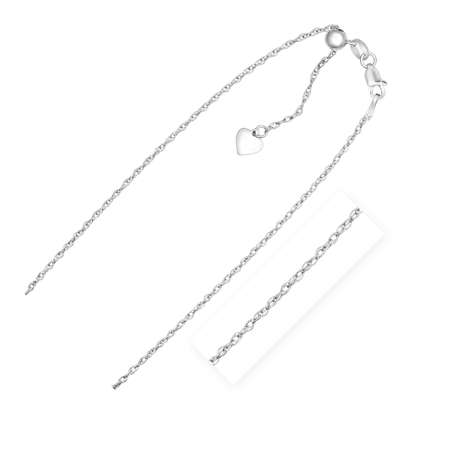 Sterling silver 1.5mm adjustable rope chain with a heart dangle and lobster clasp.
