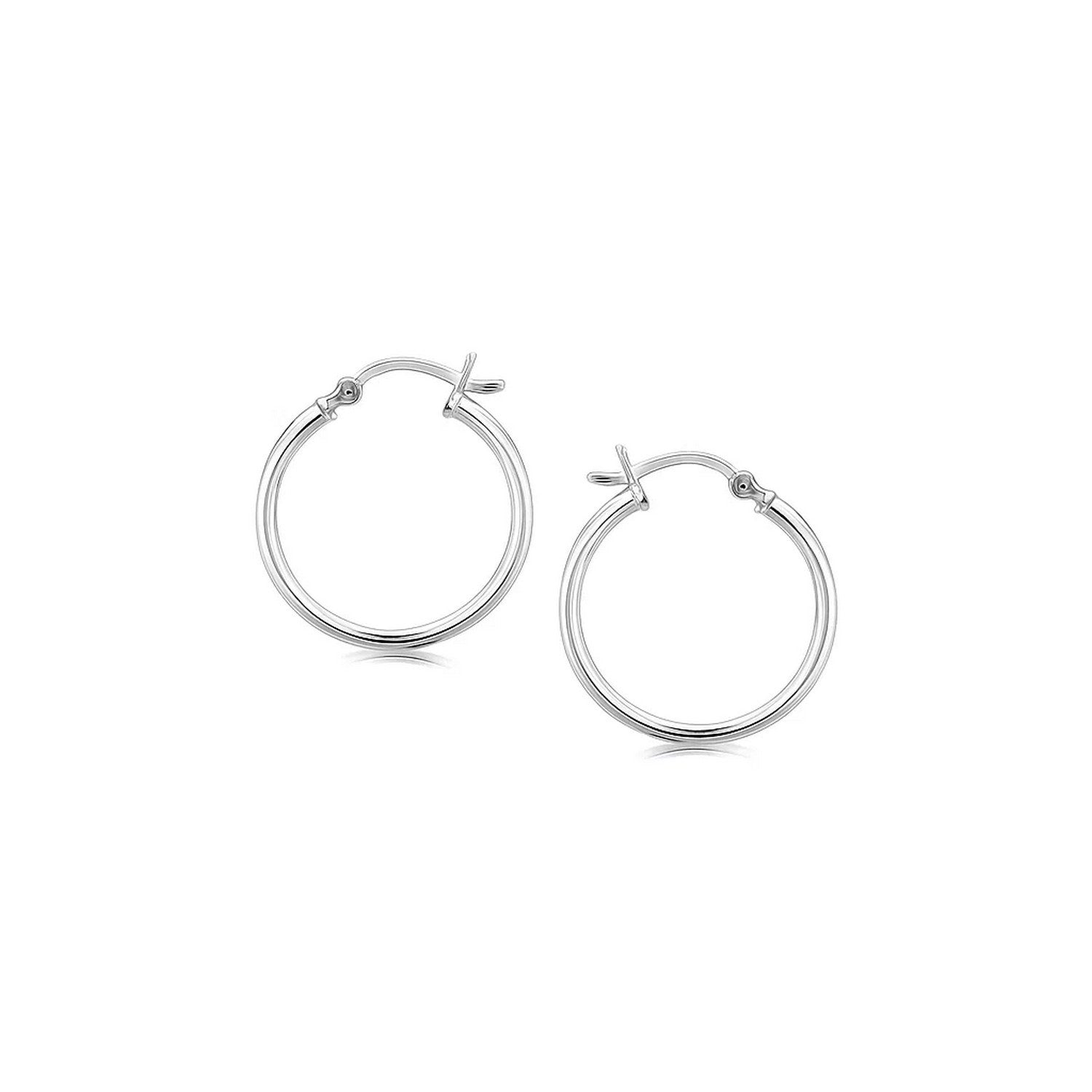 Two polished sterling silver hoop earrings with rhodium plating and snap backings.