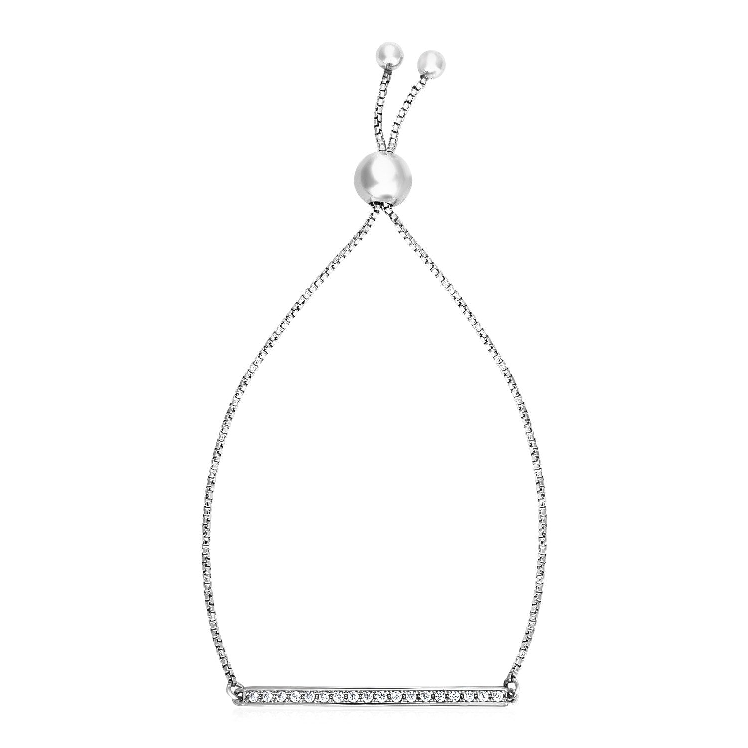 Adjustable sterling silver bar bracelet with cubic zirconia and drawstring clasp.