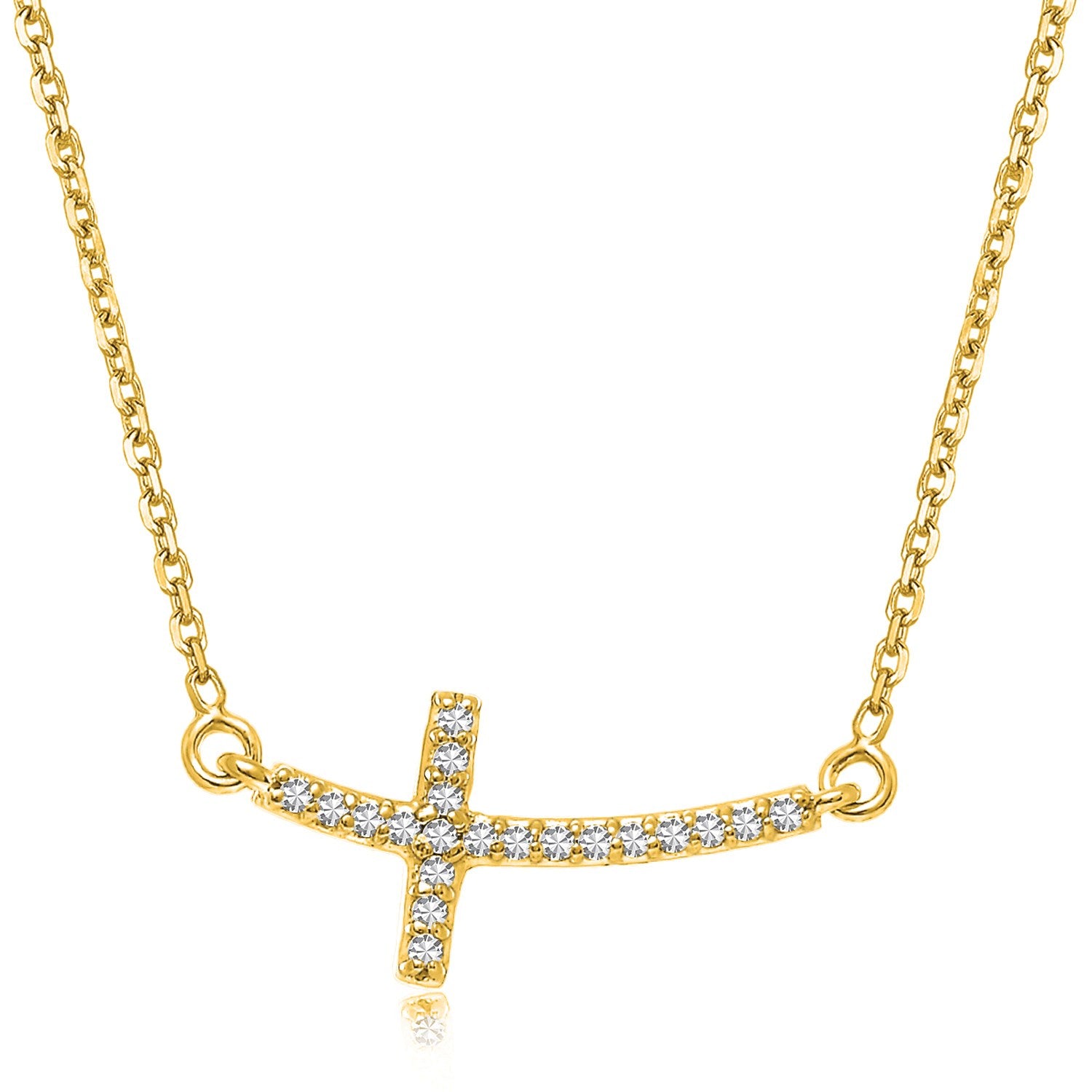 14k yellow gold necklace with a diamond-accented curved cross pendant.