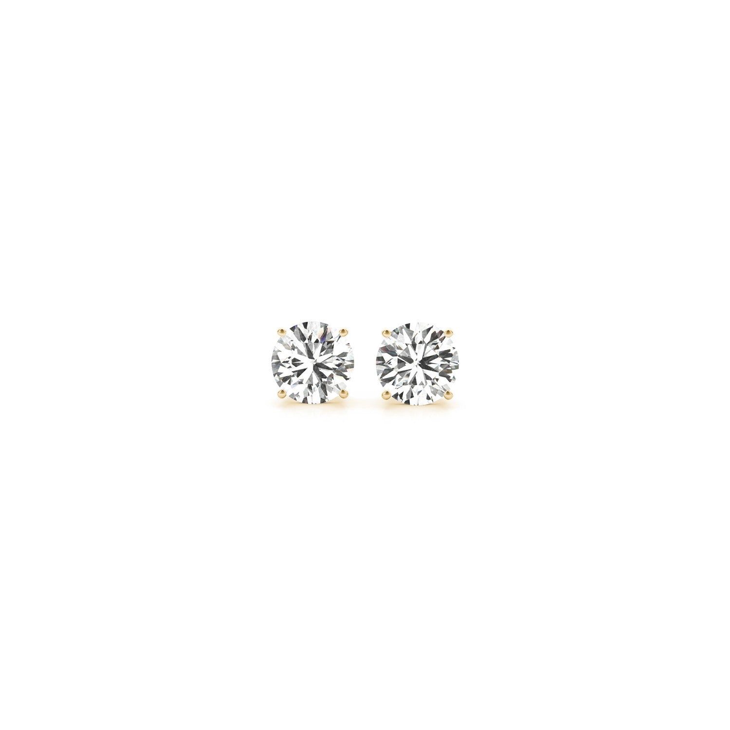 Two round lab-grown diamond stud earrings in 14k yellow gold.