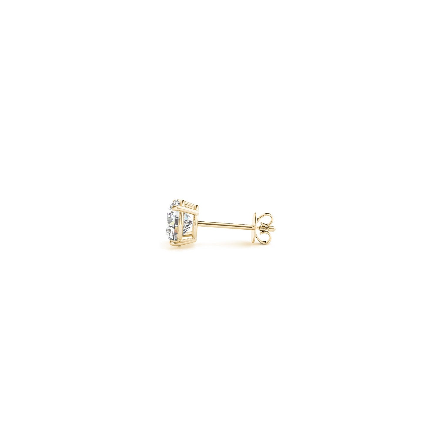 A single round lab-grown diamond stud earring in yellow gold with a push back.