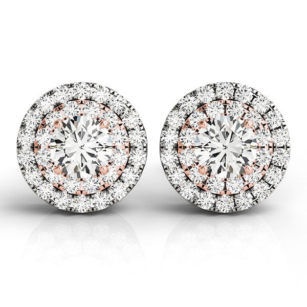 14k white and rose gold round halo diamond earrings with push backs.