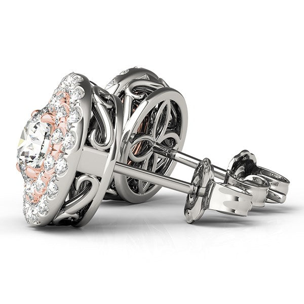 14k white and rose gold round halo diamond earrings with filigree side detailing.