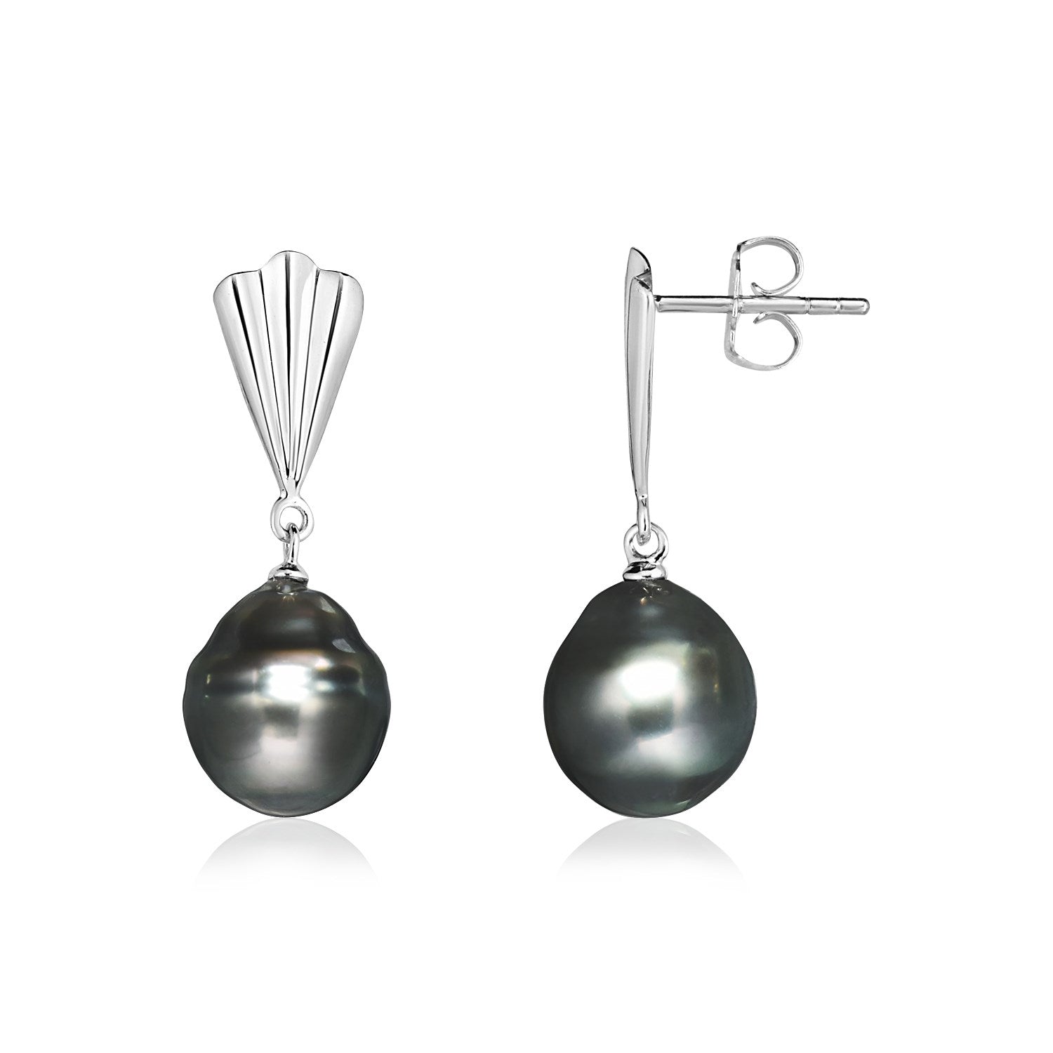 Sterling silver fan motif earrings with black freshwater pearls and pushback clasps.