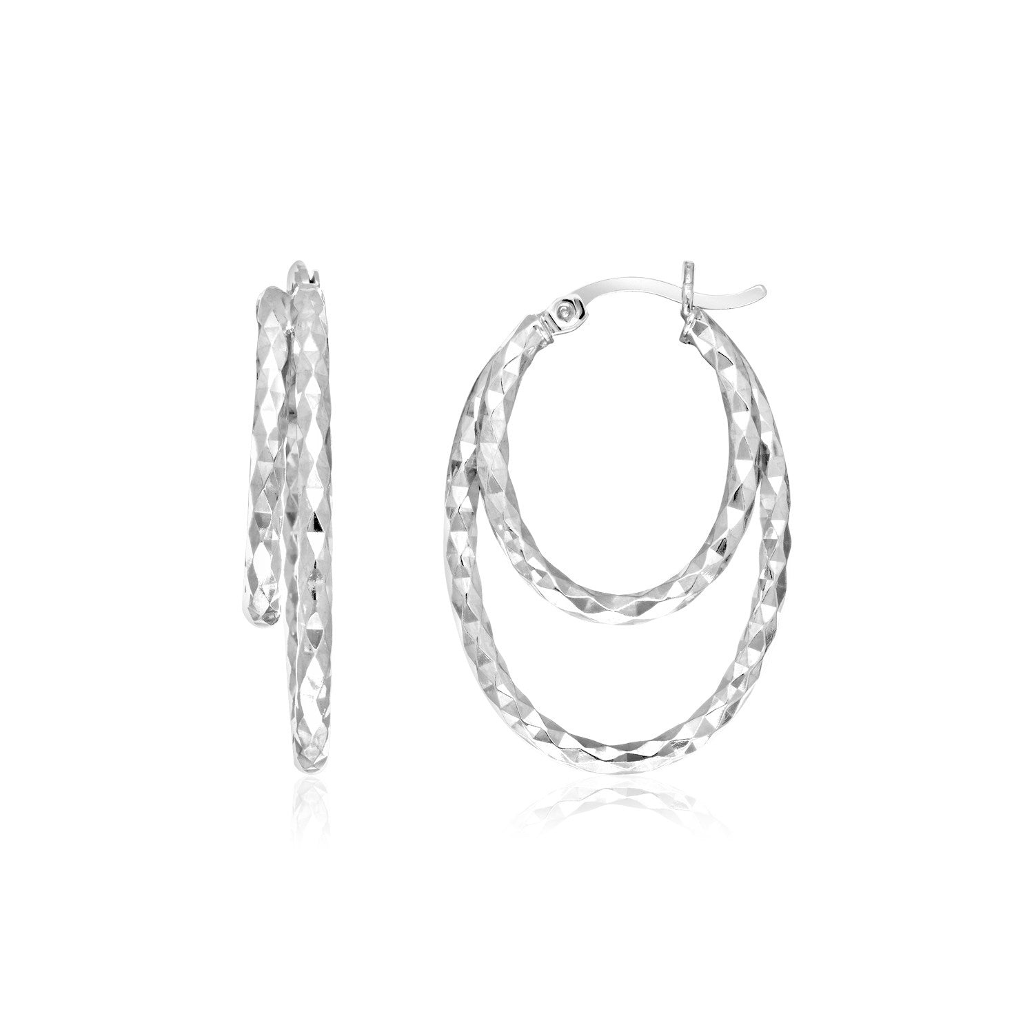 Sterling silver double oval textured hoop earrings with hinged snap backs.