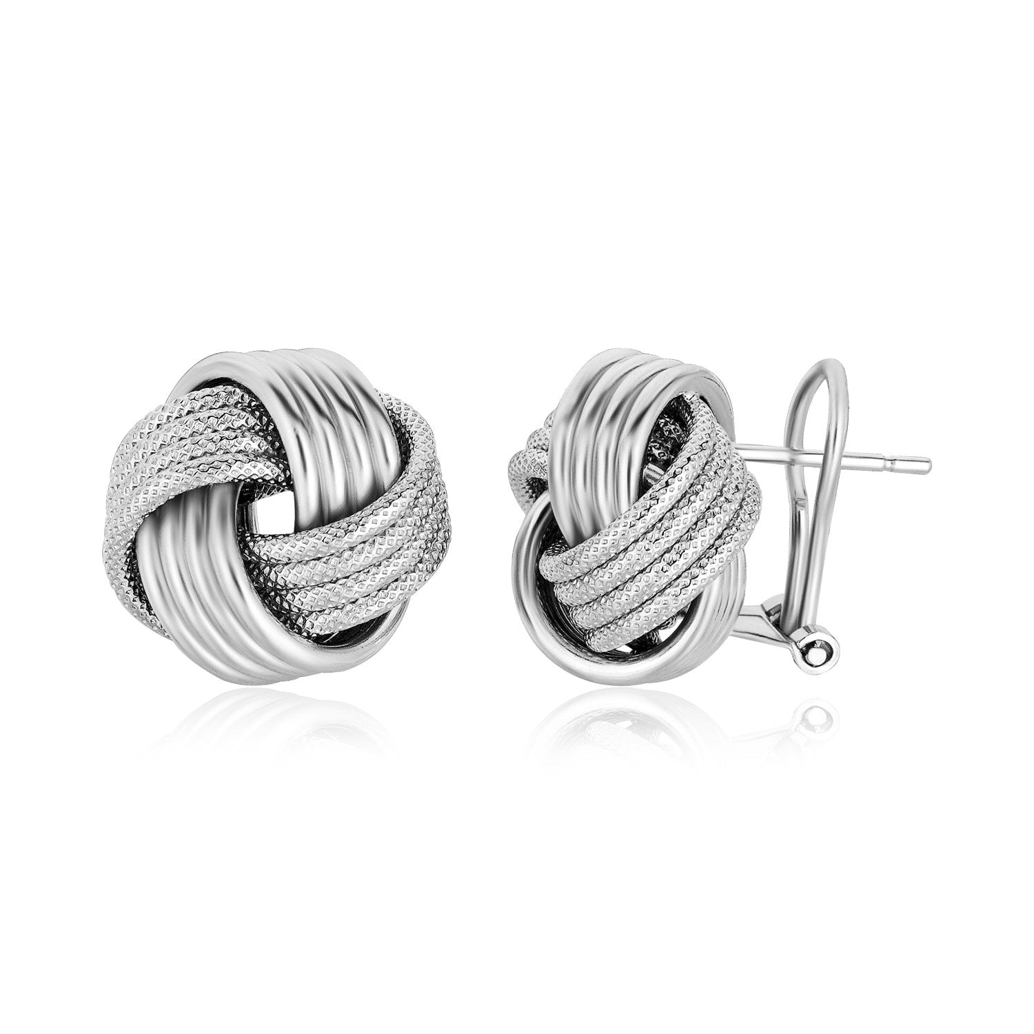 Sterling silver love knot earrings with a groove texture and omega backs.