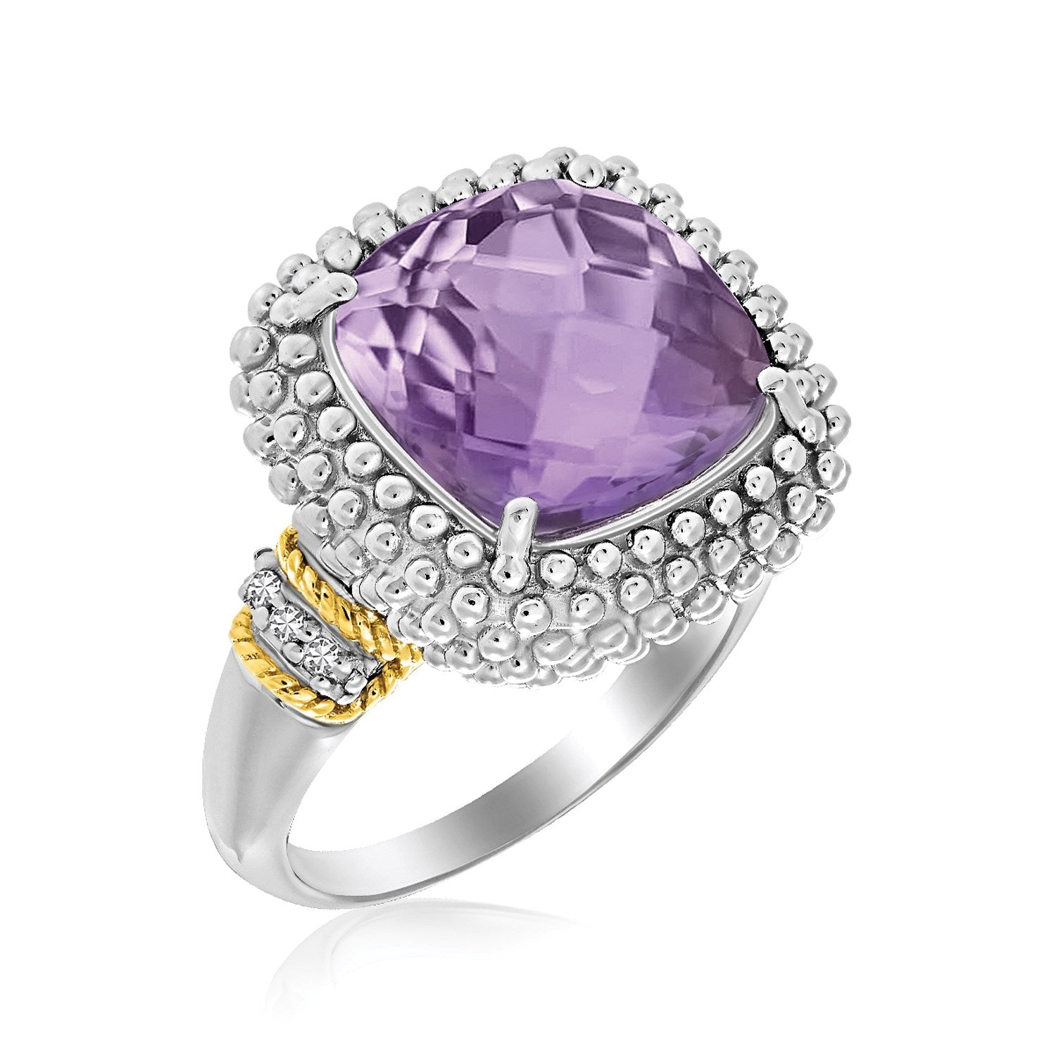 18k yellow gold and sterling silver popcorn ring with amethyst and diamond accents.