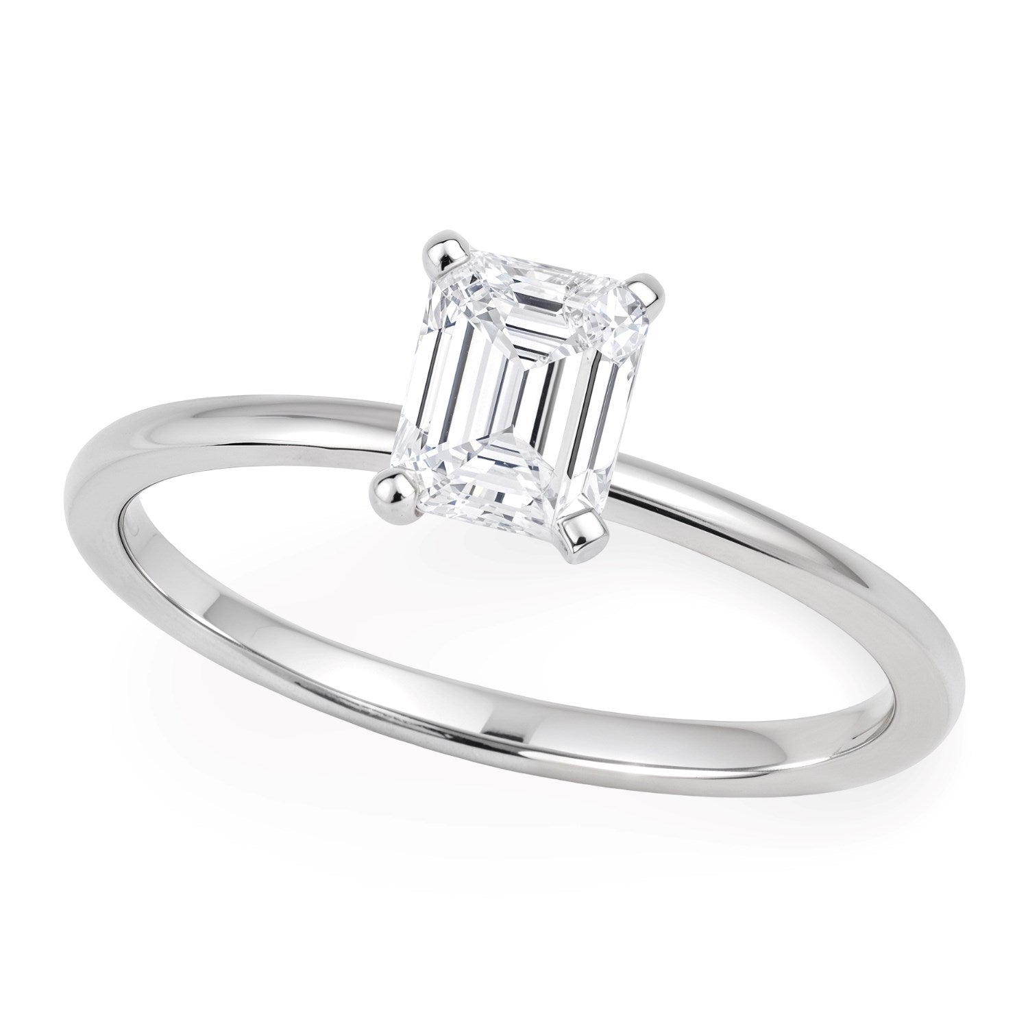 A 10K white gold solitaire ring with an emerald-cut lab-grown diamond.