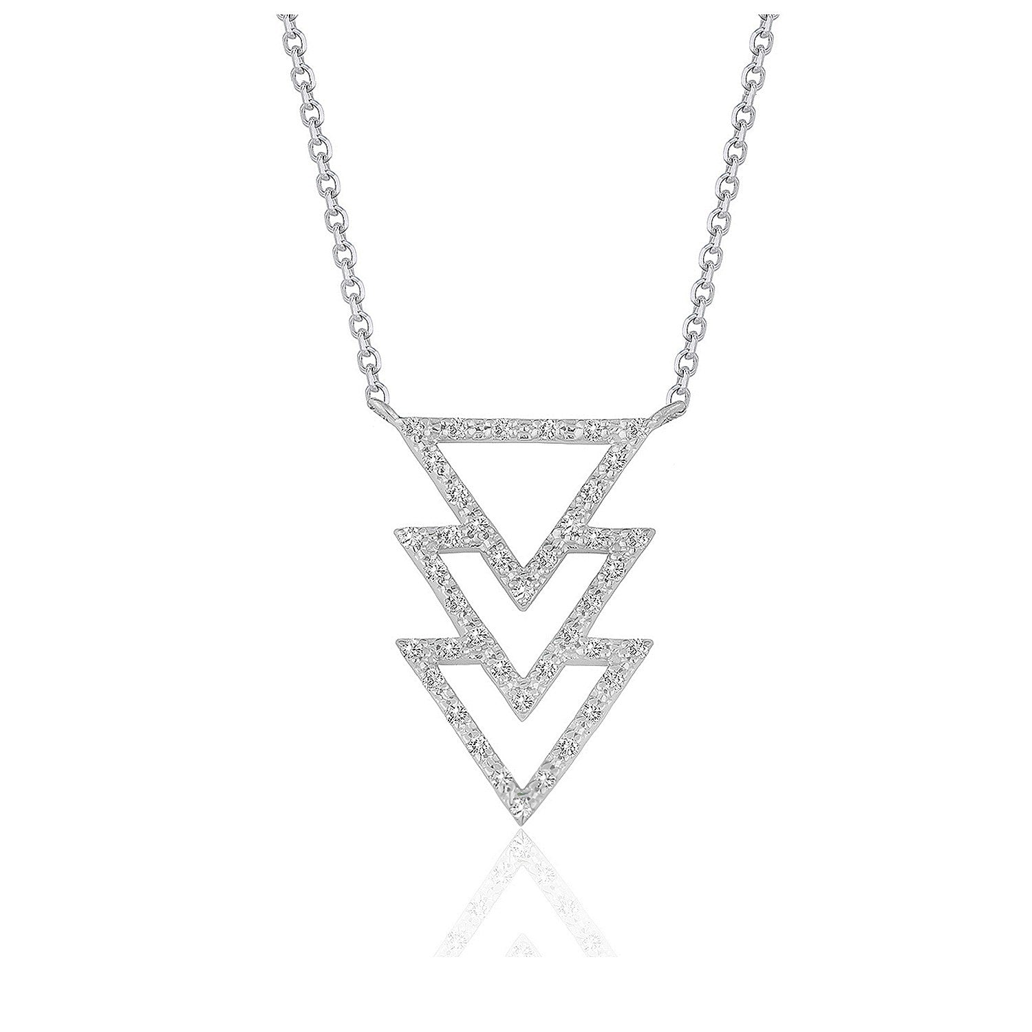 Triple triangle pendant with diamonds in 14k white gold on a cable chain.
