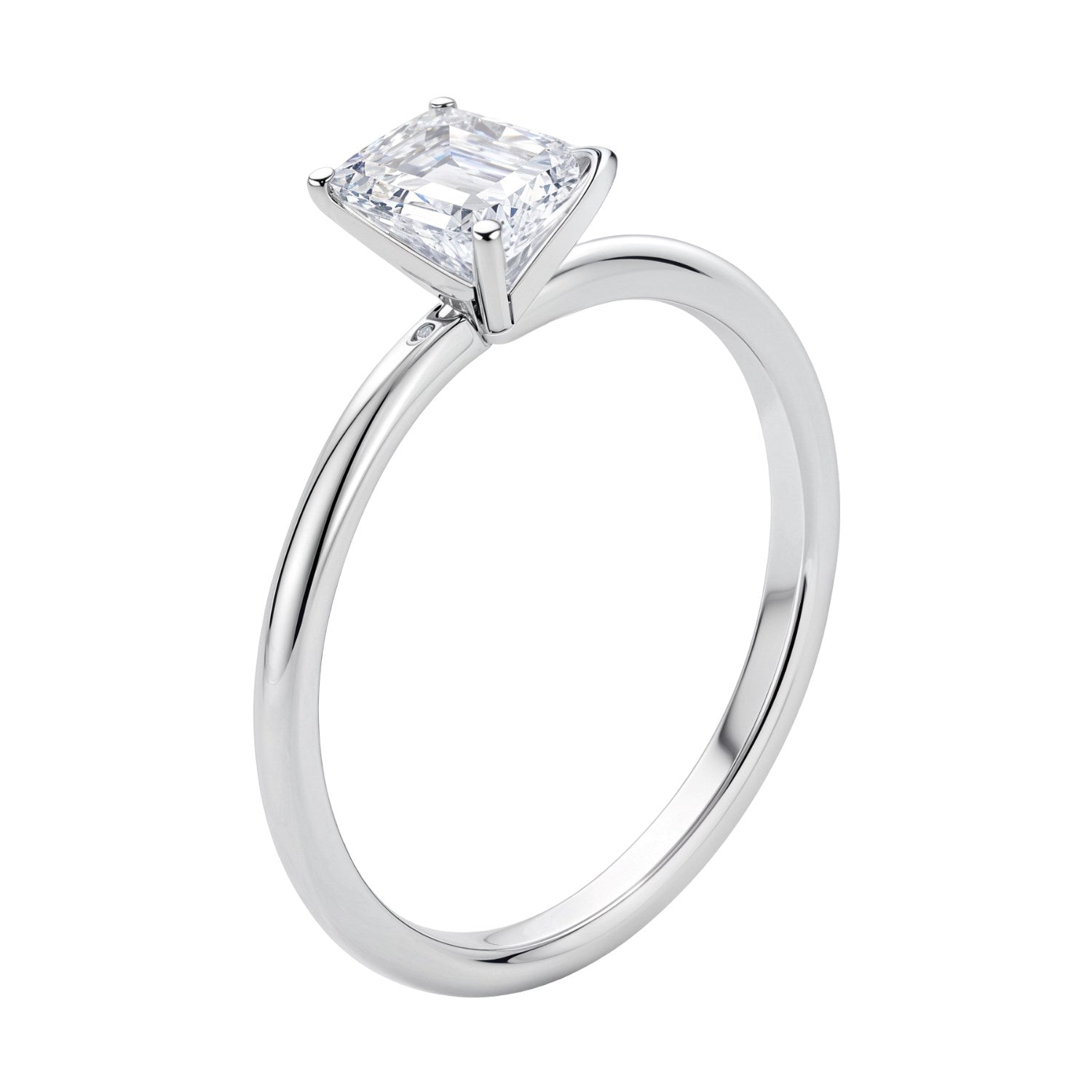 1 carat emerald lab grown diamond solitaire ring in 14K white gold.