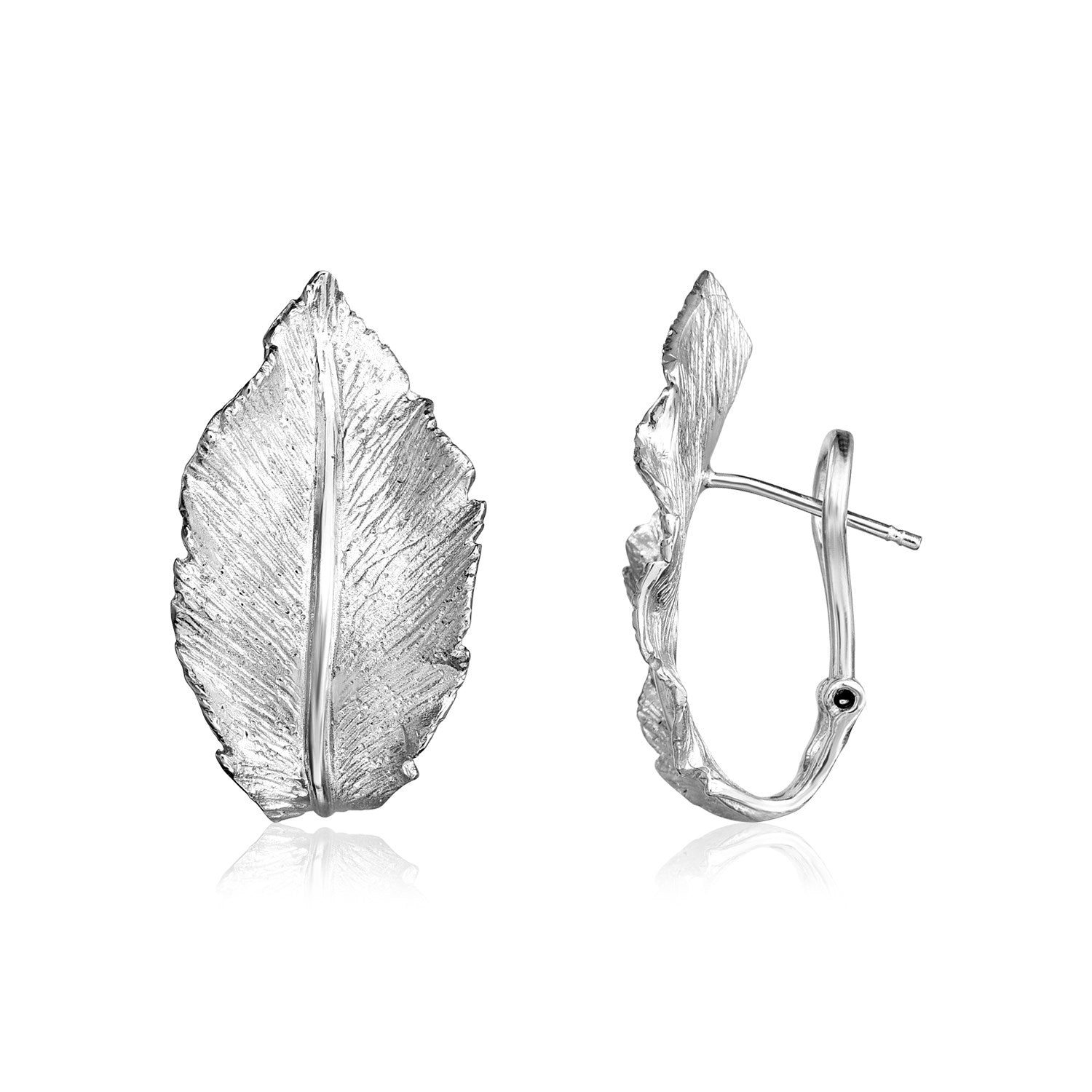 Sterling silver sparkle textured leaf earrings with Omega back clasps.