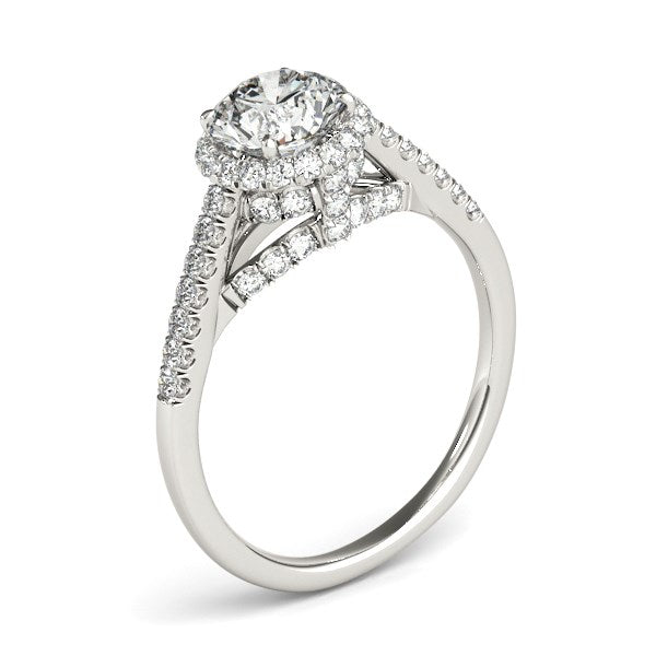 14k white gold round cut pave set diamond engagement ring.
