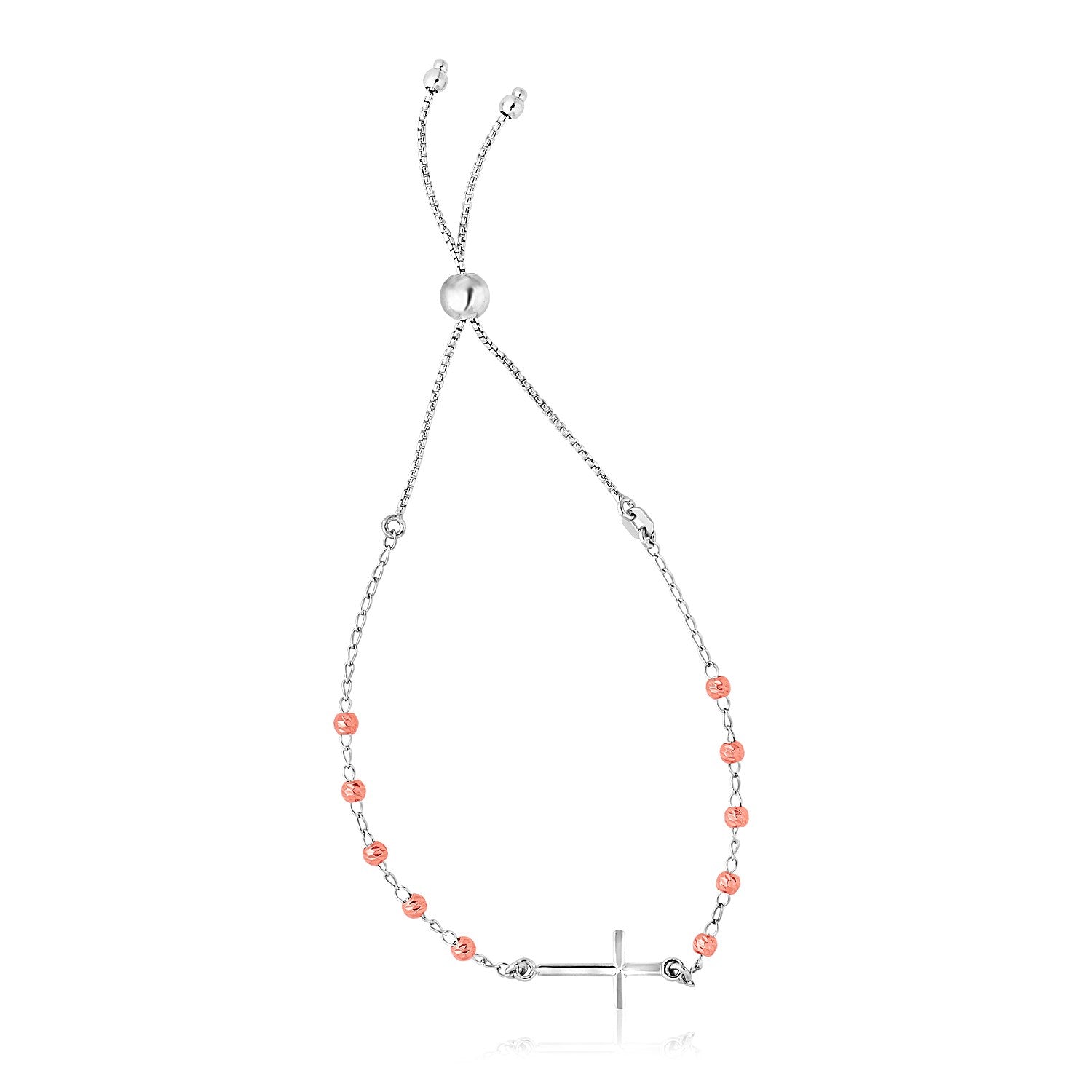 Sterling silver adjustable bracelet with rose finish beads and a cross charm.
