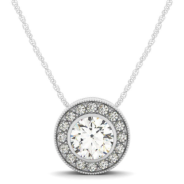 A round diamond halo pendant with a bezel-set center stone on a white gold chain.