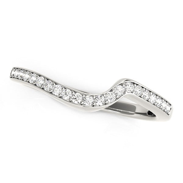 14k white gold modern curved wedding ring with prong-set round diamonds.