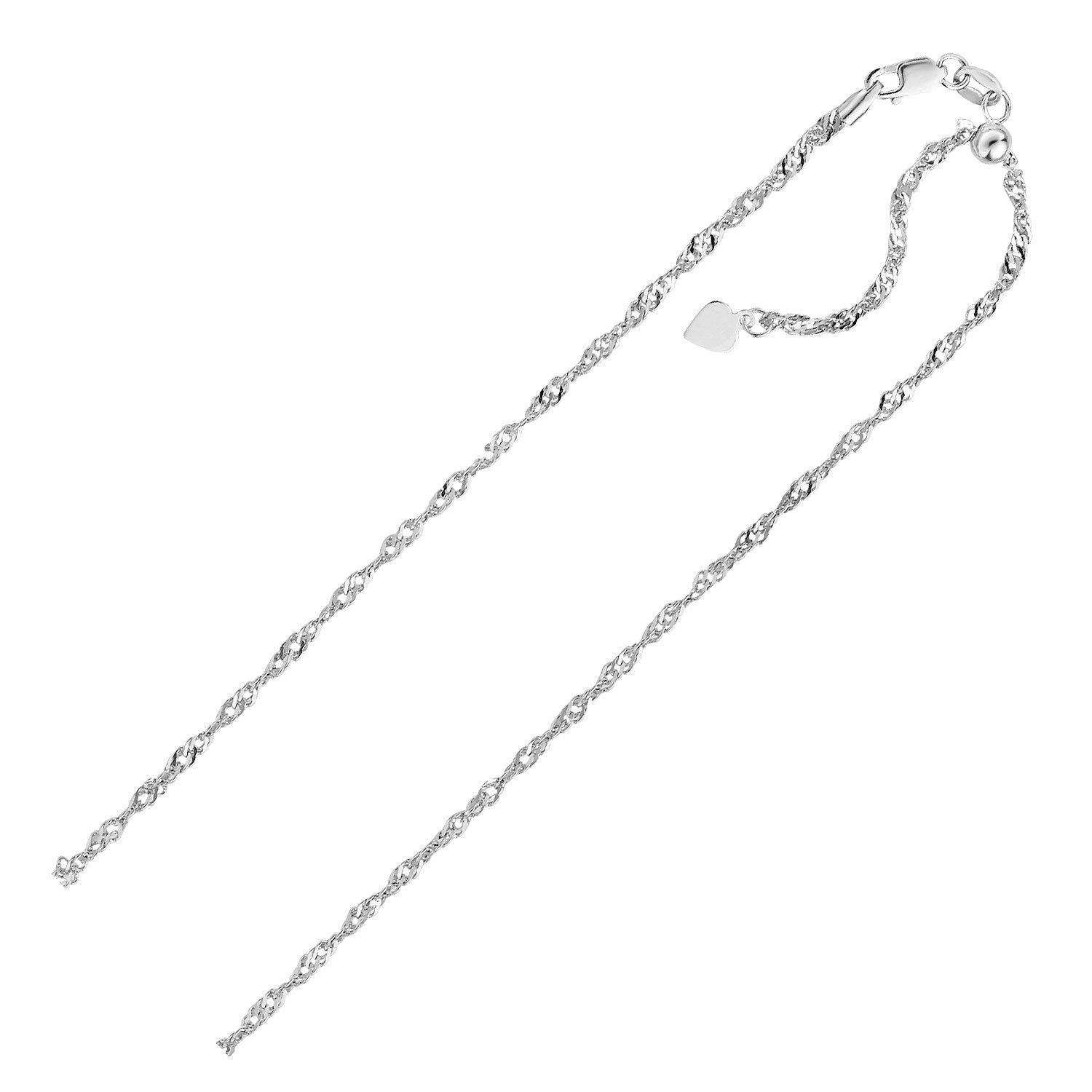 Sterling silver 1.5mm adjustable Singapore chain with a heart dangle and lobster clasp.