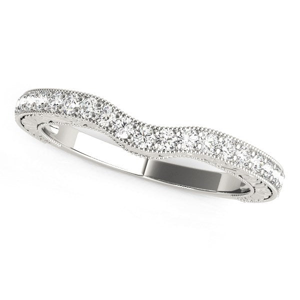 14k white gold antique style curved diamond ring with milgrain detailing.