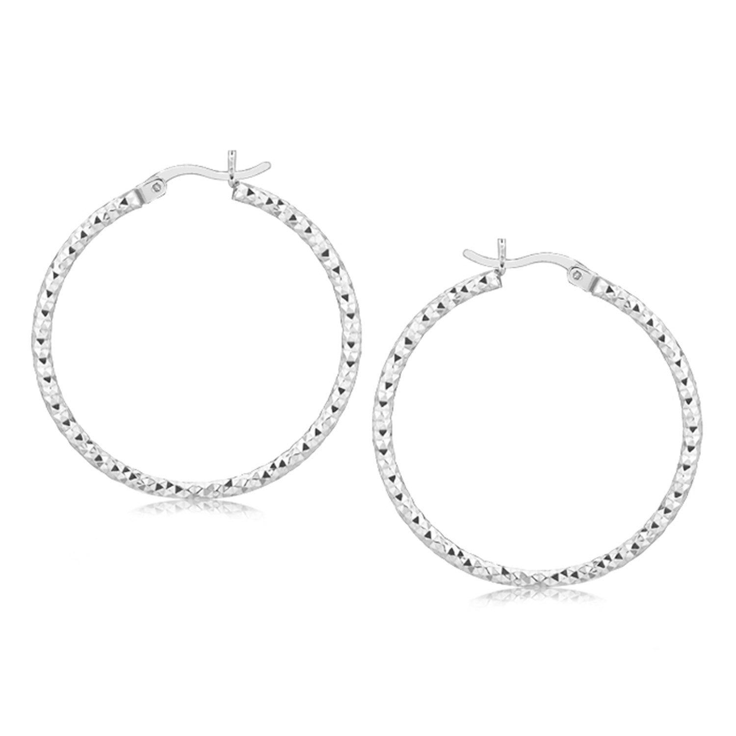A pair of sterling silver rhodium-plated woven style polished hoop earrings.