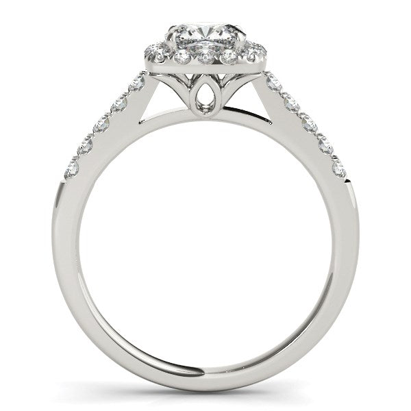 14k white gold engagement ring with a square halo and diamond-accented band.