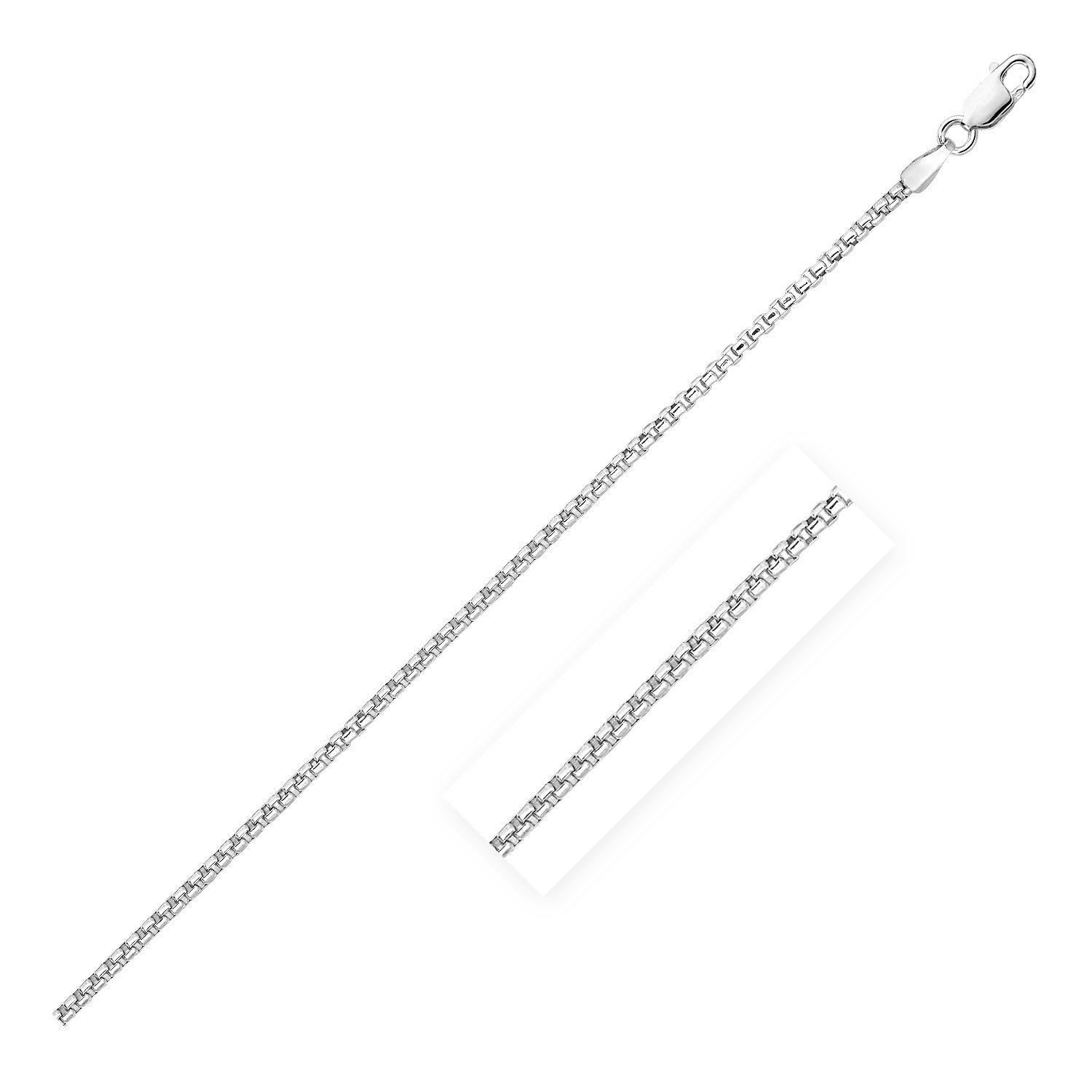 Sterling silver rhodium-plated round box chain with a lobster clasp.