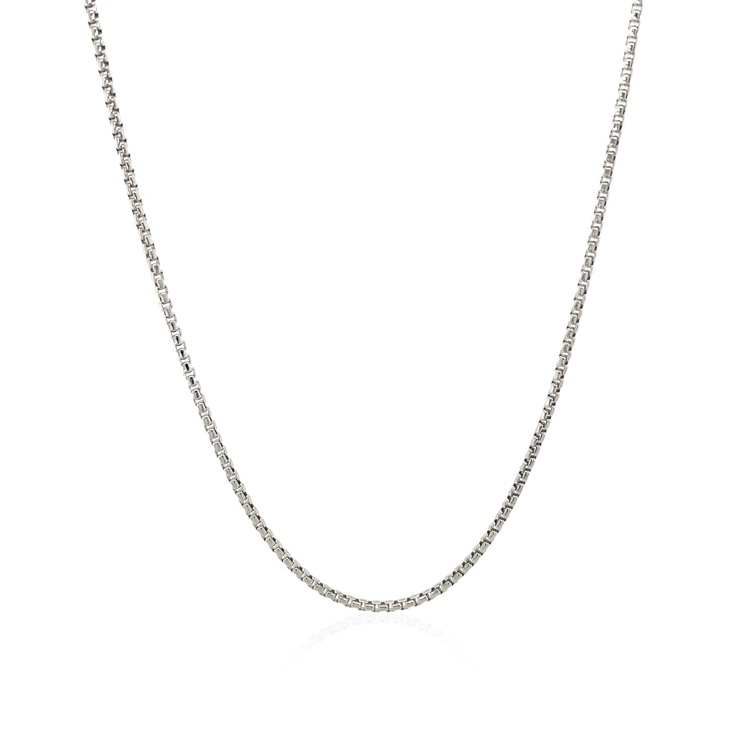 A sterling silver rhodium-plated round box chain, 1.30 mm wide.