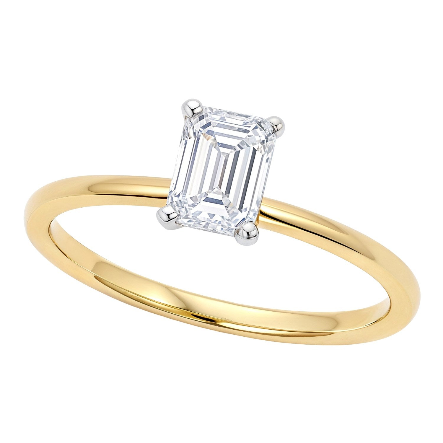 A 14K yellow gold solitaire ring with an emerald-cut lab-grown diamond.