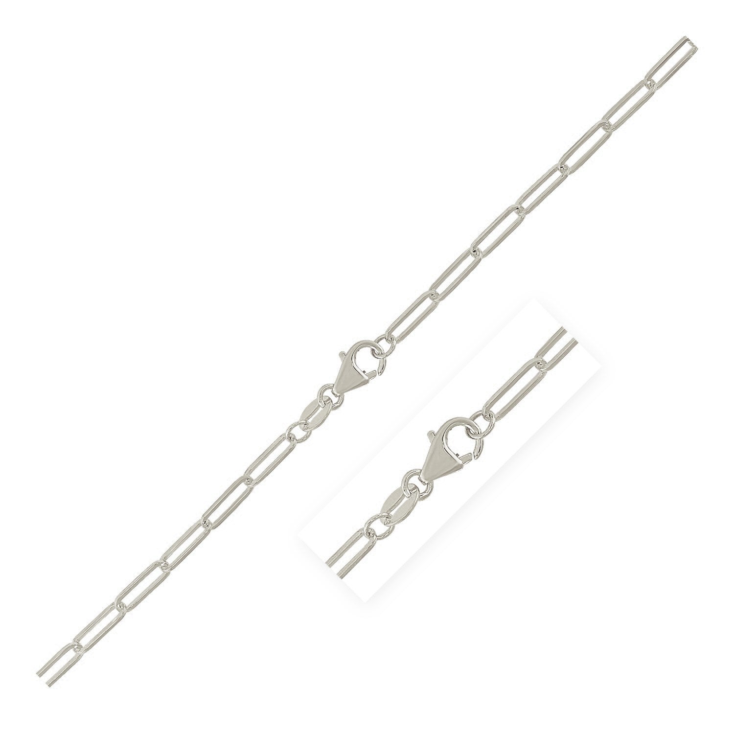 Sterling silver rhodium plated paperclip chain with a lobster clasp.