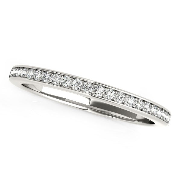 14k white gold wedding band with a row of round diamonds.