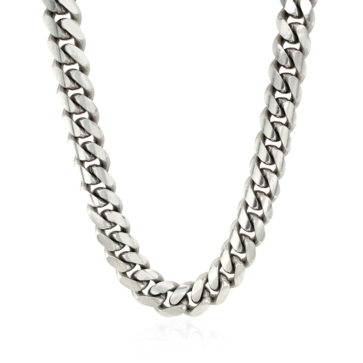 Sterling silver rhodium-plated Miami Cuban chain, 9.80 mm wide, on a white background.