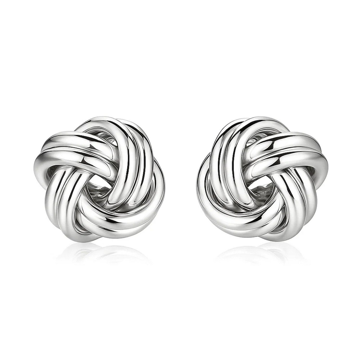 Sterling silver polished two-strand love knot earrings with a reflective surface.