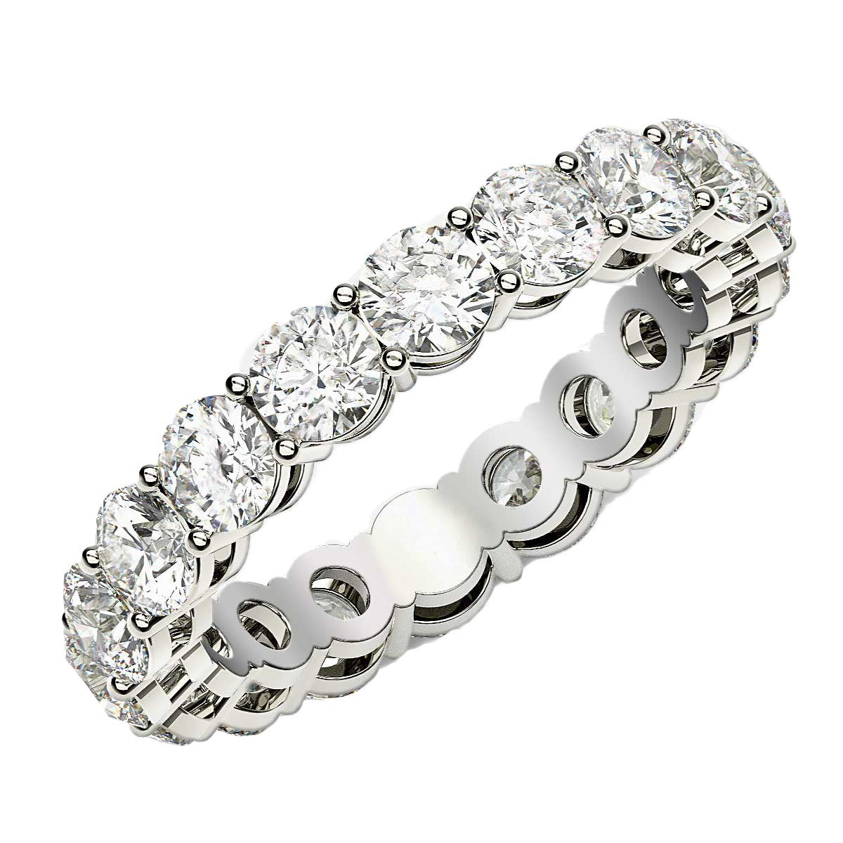 Round cut lab grown diamond eternity ring in 14k white gold with common prong setting.