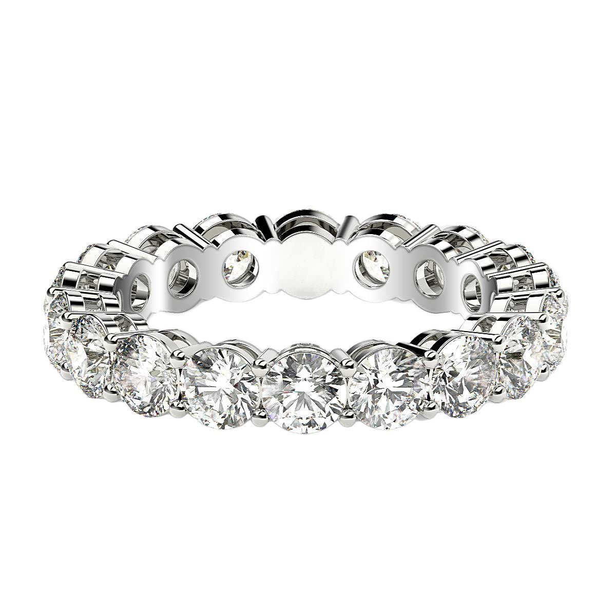 Round cut lab grown diamond eternity ring in 14k white gold.