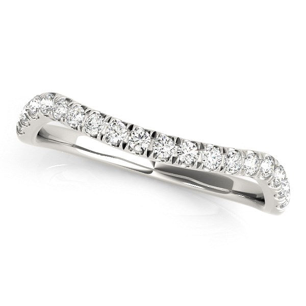 14k white gold curved diamond wedding band with 18 round diamonds in a prong setting.