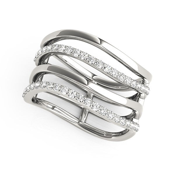 14k white gold multiple band design ring with diamonds.