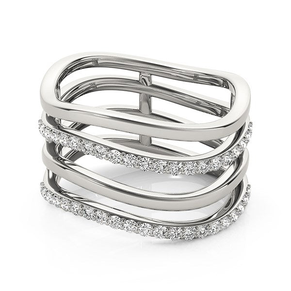 14k white gold multiple band design ring with diamonds.