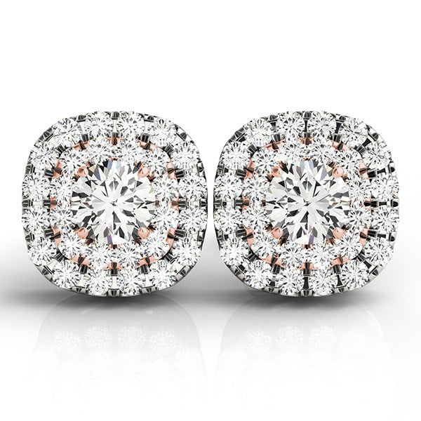 Two cushion-shaped halo diamond earrings in white and rose gold.