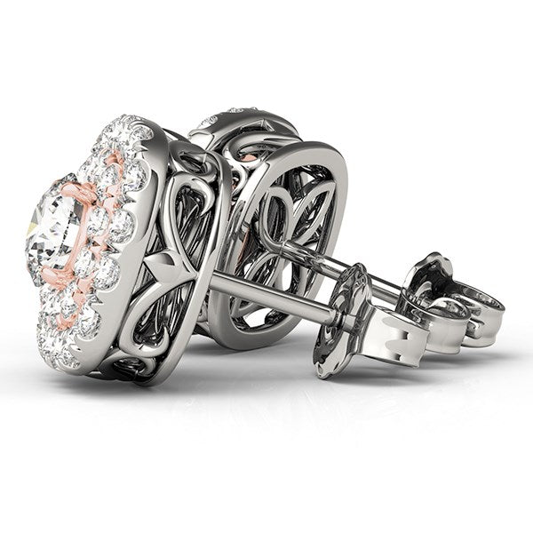 14k white and rose gold cushion halo diamond earrings with push backs.