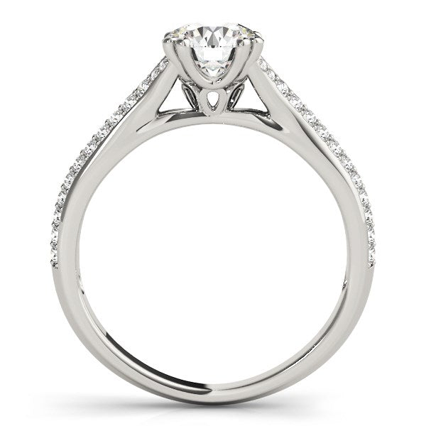 14k white gold engagement ring with a round diamond and multirow pavé band.