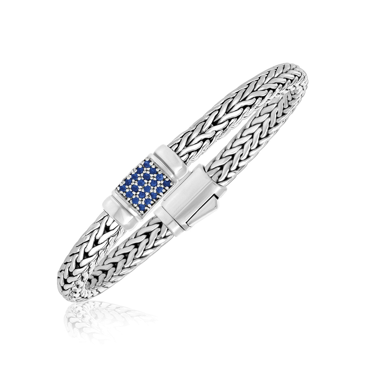 Sterling silver weave bracelet with a rectangular blue sapphire station and a box clasp.