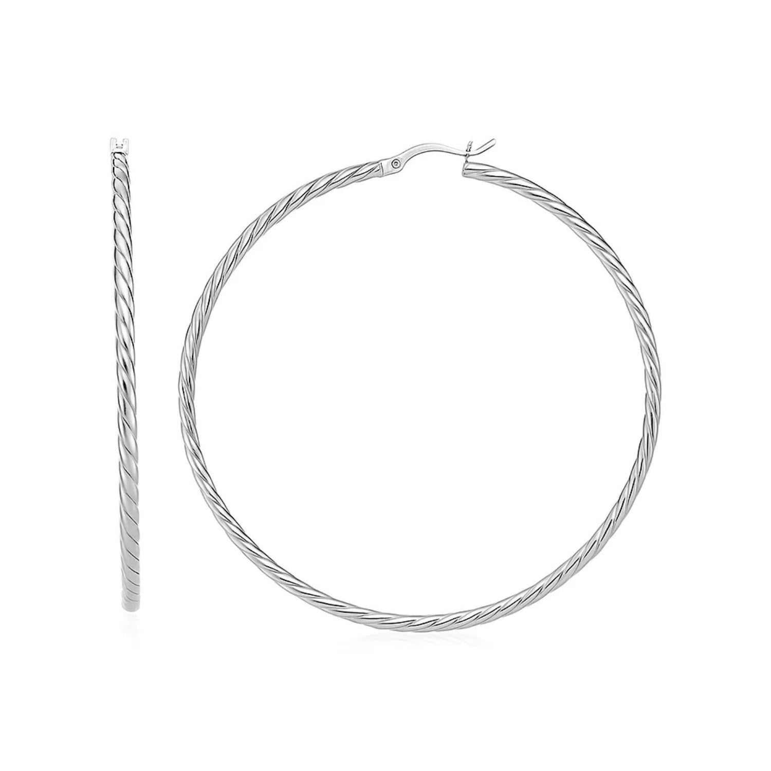 Sterling silver hoop earrings with a twisted texture and hinged snap backs.