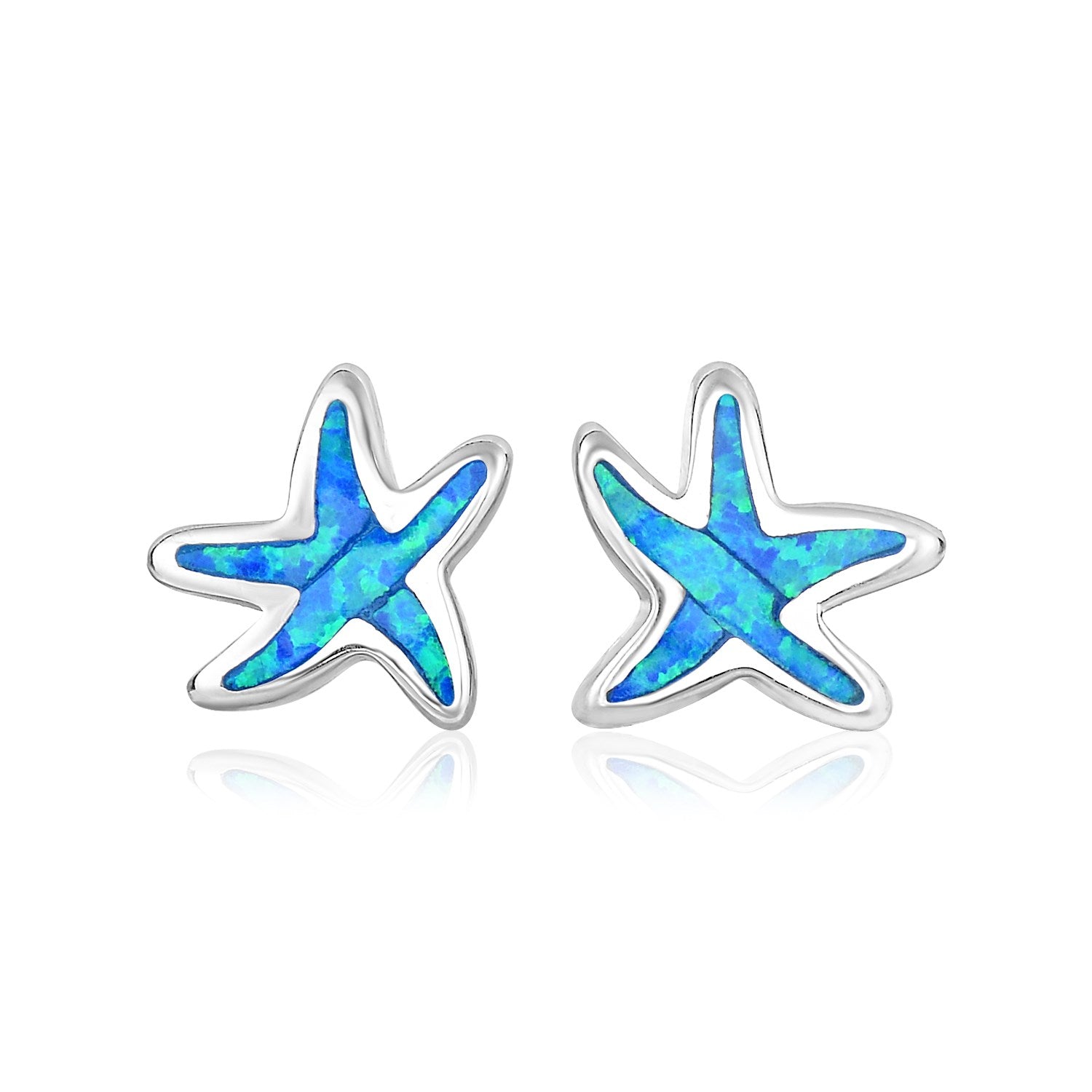 Sterling silver starfish earrings with blue created opal.