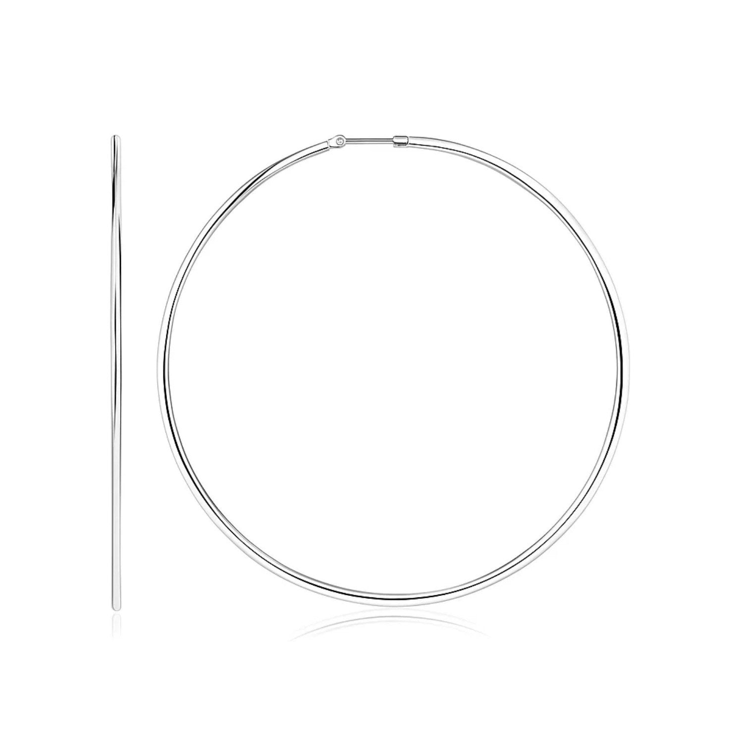A pair of large, polished sterling silver round hoop earrings with endless clasps.