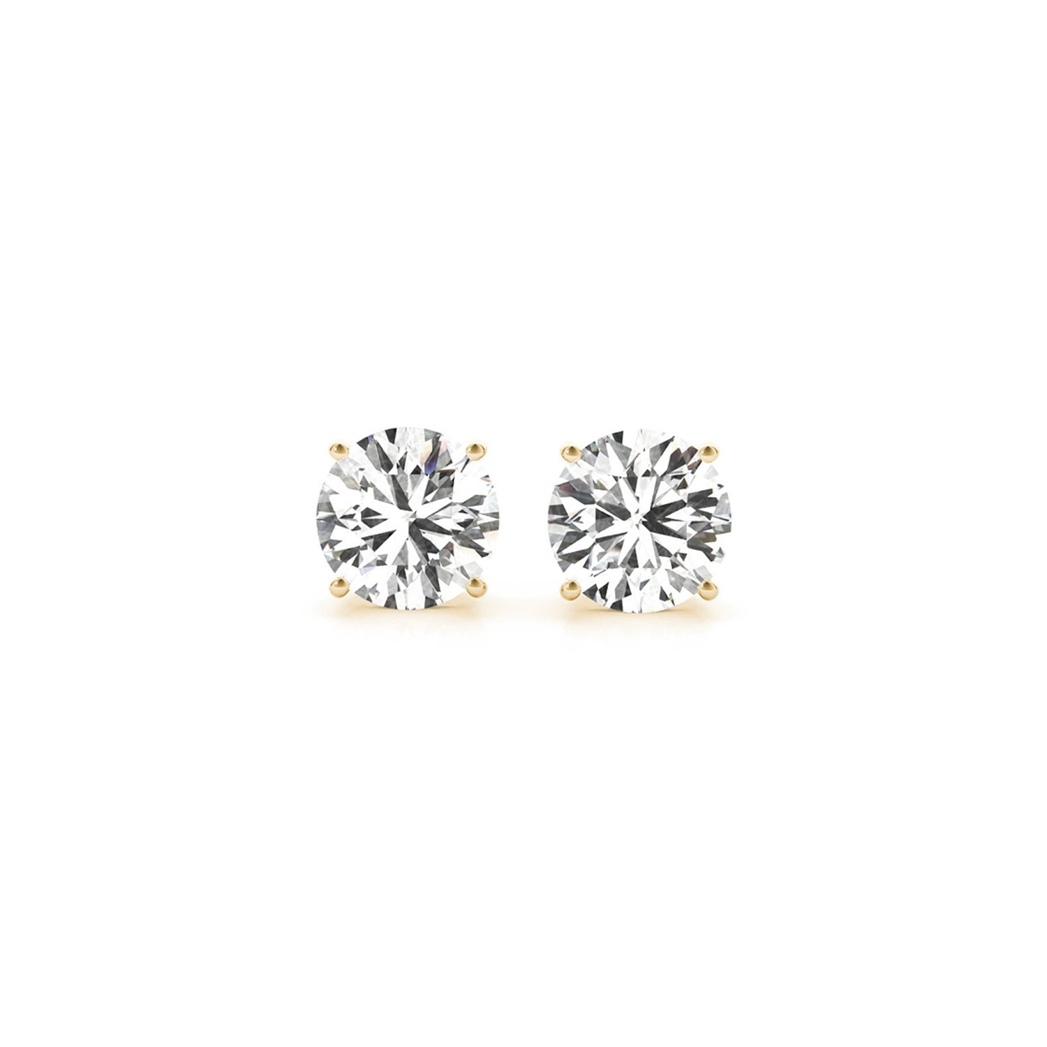 Two round lab-grown diamond stud earrings in 14k yellow gold.