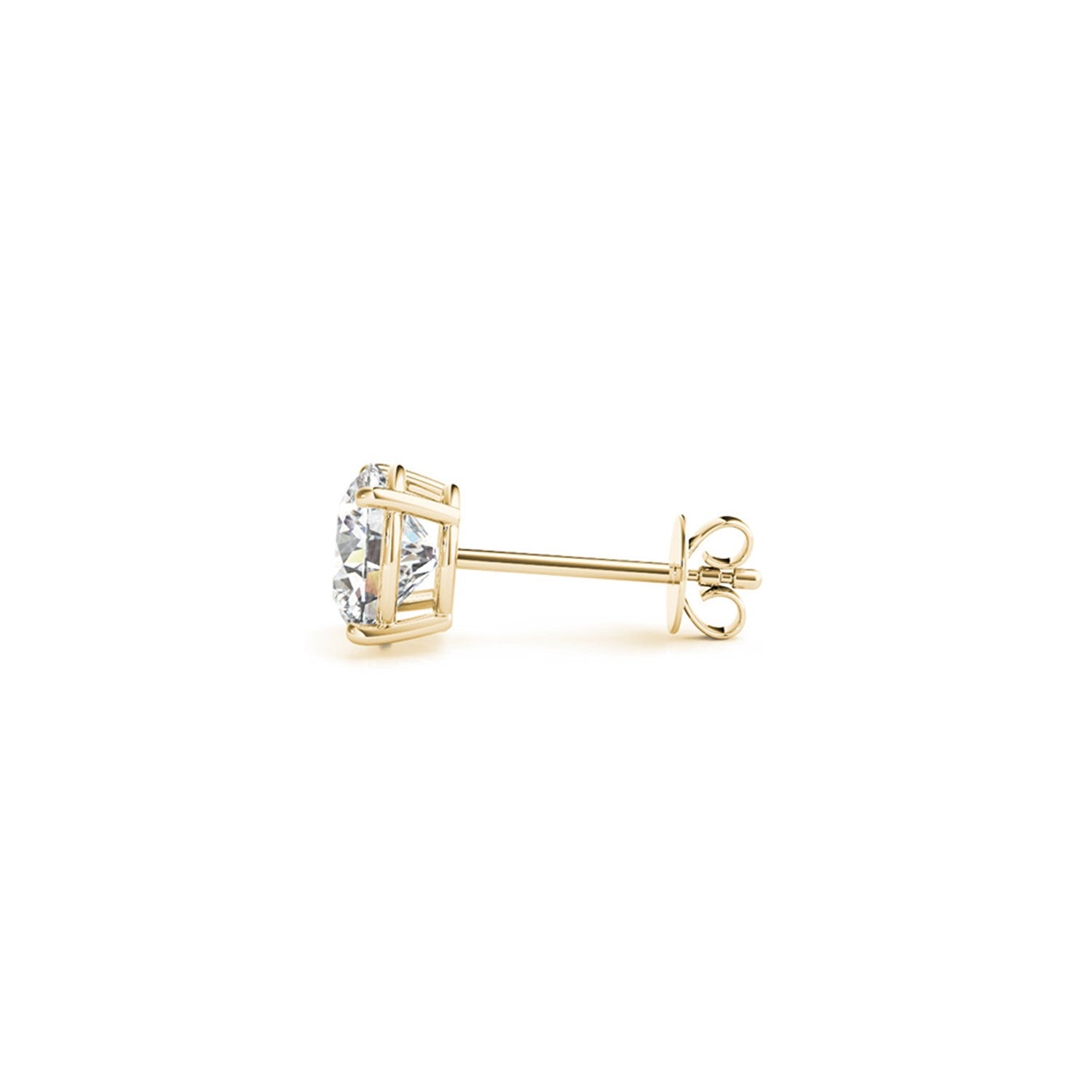 A single round lab-grown diamond stud earring in a yellow gold four-prong setting with a push back.