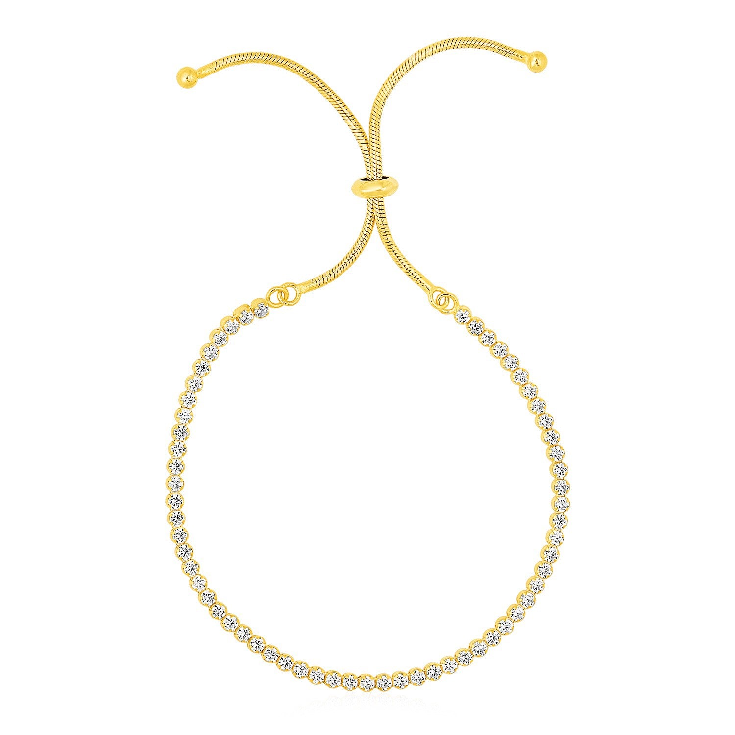 Adjustable tennis bracelet with round cubic zirconia in yellow-toned sterling silver.
