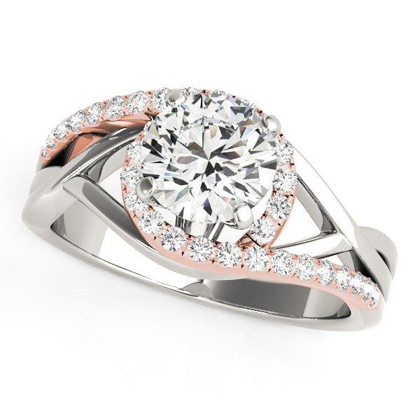 14k white and rose gold bypass diamond engagement ring with a round halo.