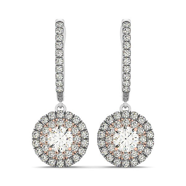 14k white and rose gold drop diamond earrings with a double halo design.